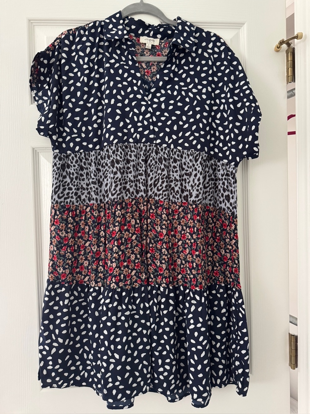 Umgee Navy Mixed-Print Tiered Dress with Floral & Leopard Bands